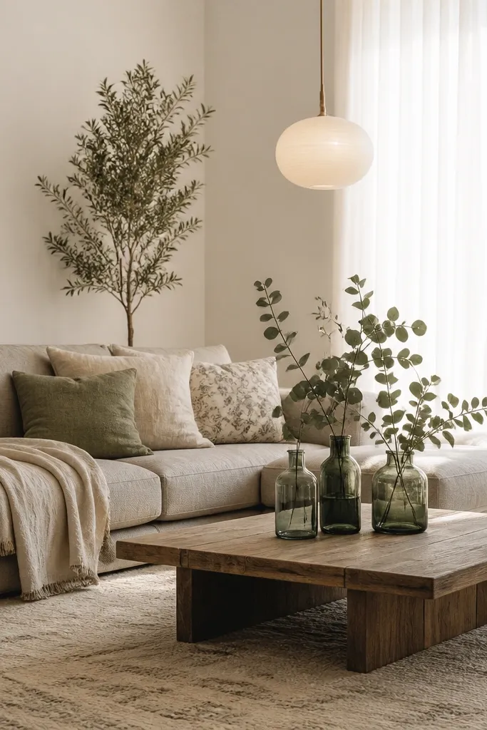 A warm grey sofa with white linen curtains. On the coffee table, several green glass bottles of different heights hold eucalyptus stems. The rug is oatmeal with a subtle pattern. A warm white pendant lamp hangs near the seating area.