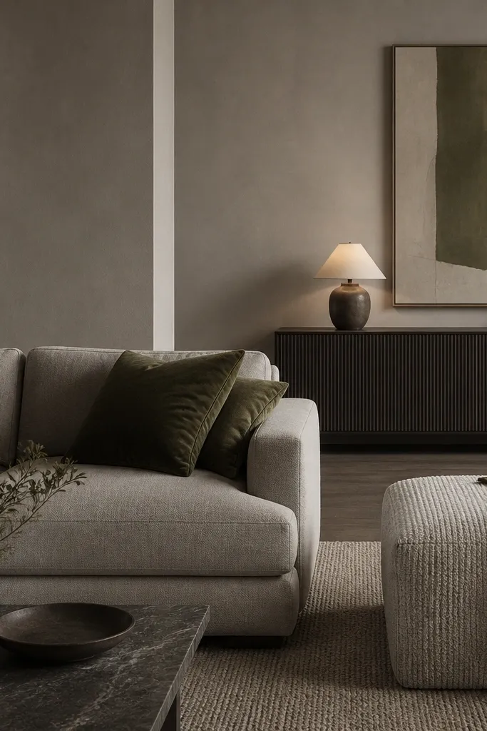 A monochrome warm grey living room. The sofa and walls are in similar warm greys. Dark olive velvet cushions sit on the sofa. There's a textured ottoman in a boucle or cord fabric. A large abstract print in muted olive and cream hangs above a console with a warm lamp.