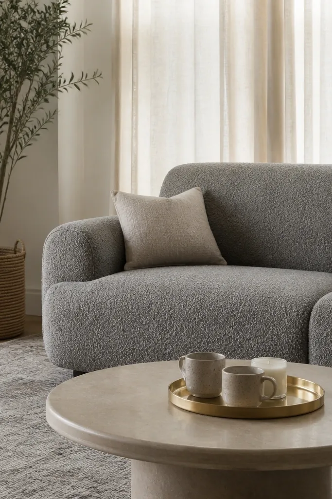 A grey boucle sofa with visible loop texture. Cream curtains hang in soft folds behind it. A brass tray sits on the coffee table holding two ceramic mugs and a small candle jar. The rug is light grey with a subtle pattern, and a tall plant sits in a woven pot.