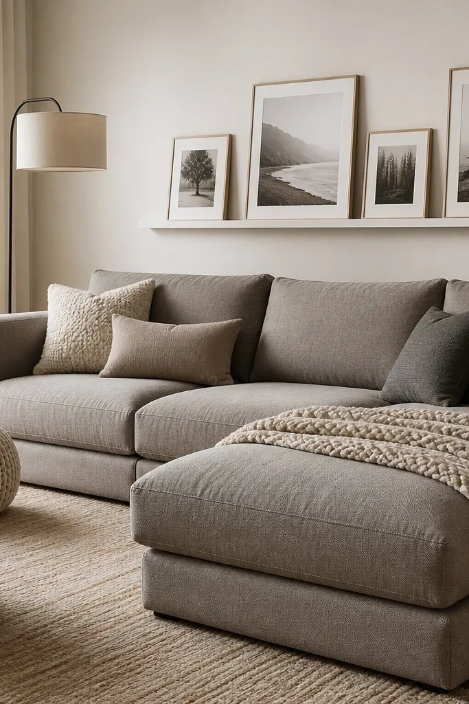 A warm grey sectional in a corner layout. A tall floor lamp with a drum shade sits beside a knit pouf. A chunky throw is folded across the chaise. The walls are warm white, with a simple gallery ledge holding framed photos.