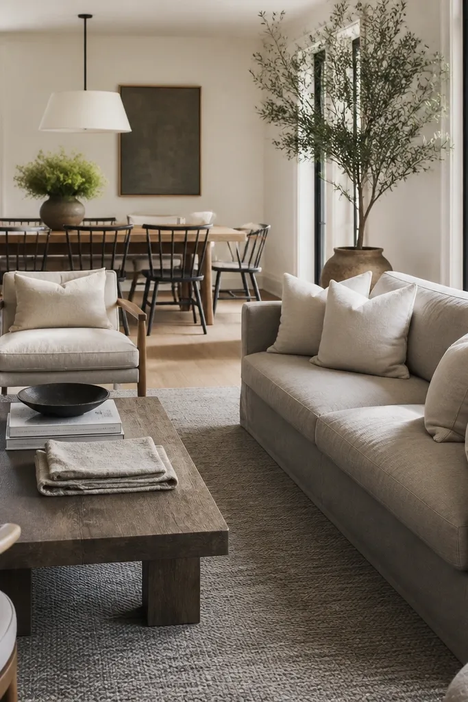 A combined dining and living area. The living side has a grey sofa with off-white linen slipcovers on cushions. A coffee table holds a stack of books with a tray and a few linen placemats folded. A warm grey rug runs through the seating area.