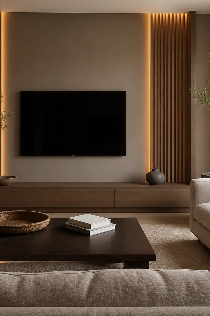 A living room TV wall painted warm grey with vertical warm wood slats. A soft LED strip glows behind the slats. A warm grey sofa faces the TV. A dark wood coffee table holds a textured tray and a small stack of books. Curtains in cream linen frame the window.