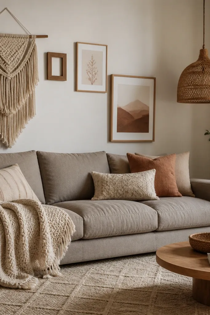 A warm grey sofa with a cream knit throw. The rug is oatmeal with a subtle pattern. On the wall above, there is macrame wall art layered with a small wooden frame and a couple of framed prints in warm tones. A woven pendant lamp hangs in the corner.