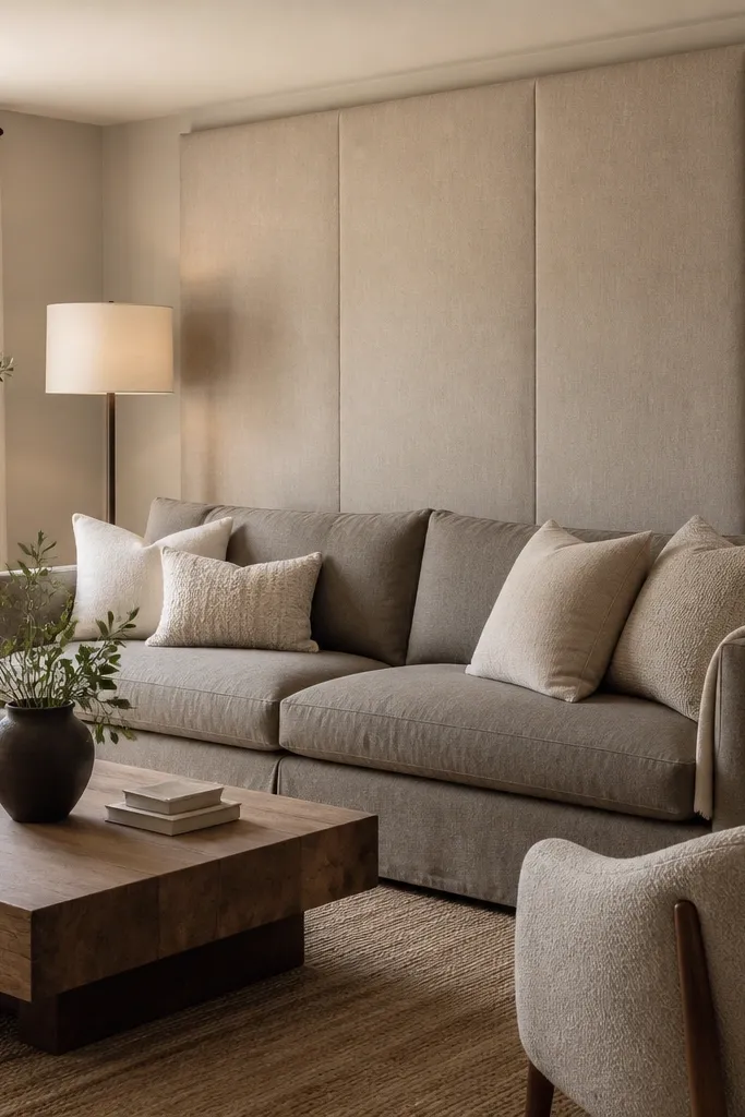 A living room where an oversized linen upholstered panel is mounted behind the sofa, creating a soft back wall. The sofa is warm grey, cushions are cream and light taupe. Curtains are warm white linen. A round mirror with a wood frame hangs to one side, and a floor lamp with a fabric shade stands near the panel.