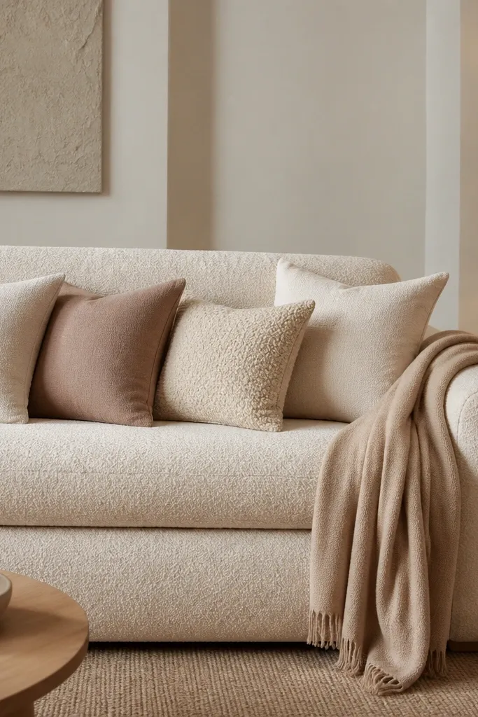 A cream oatmeal sofa with a thick boucle texture. A latte-beige throw blanket is draped over the right arm, falling to the seat edge. Four pillows sit in a row: two plain oatmeal, one warm taupe, one small textured bouclé cover. A warm table lamp with a beige shade glows on a light wood side table.