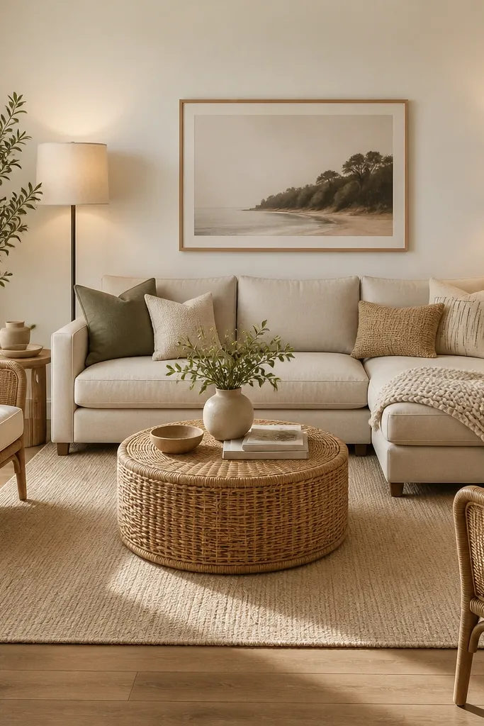 A cream jute rug centered under a small sofa. The rug edges sit evenly under the front legs of the sofa and chairs. A round rattan coffee table sits on top. Two floor lamps with warm shades frame the seating area, and a chunky knit throw is folded on the sofa chaise edge.