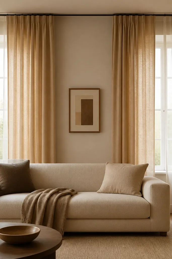 Tall windows covered with warm linen-look curtains in light camel. Panels hang from a ceiling track, pooling about 1-2 inches on the floor. A sofa sits beneath with a throw and two pillows. A small wall art piece is centered at eye level, and a warm floor lamp stands to the side.