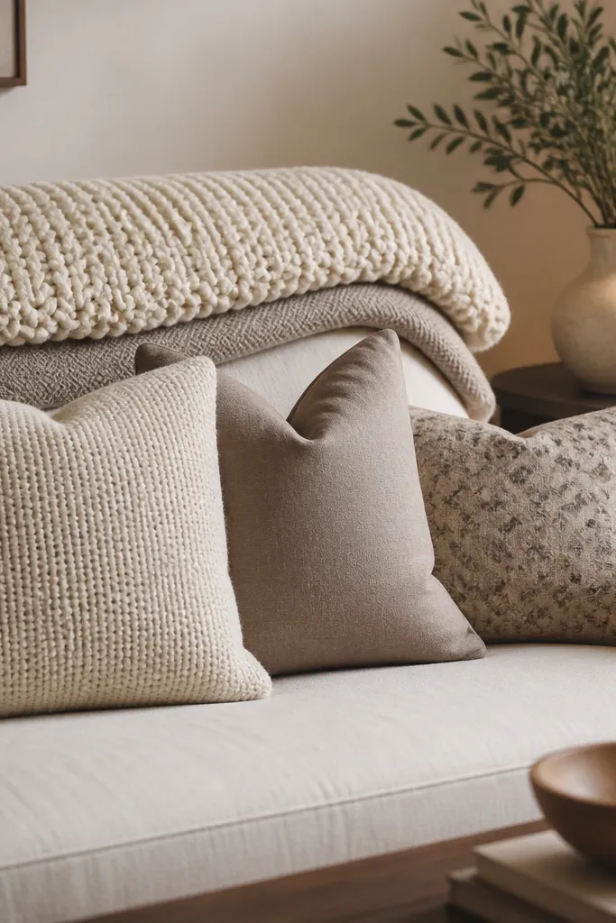 A sofa with a backrest covered in two layered throws: a chunky cream knit on top and a thinner taupe throw underneath. The layers are folded so you can see the texture difference. Three pillows sit in front: one square knit, one smooth taupe, one patterned in small muted shapes. A side table has a ceramic vase and a warm lamp.