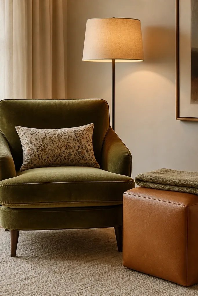 An olive velvet accent chair sits beside a cognac leather or faux-leather ottoman. A small cream rug anchors the corner. A warm floor lamp with a linen shade glows behind the chair, and a single patterned pillow rests on the chair seat. The ottoman has a folded throw on top.
