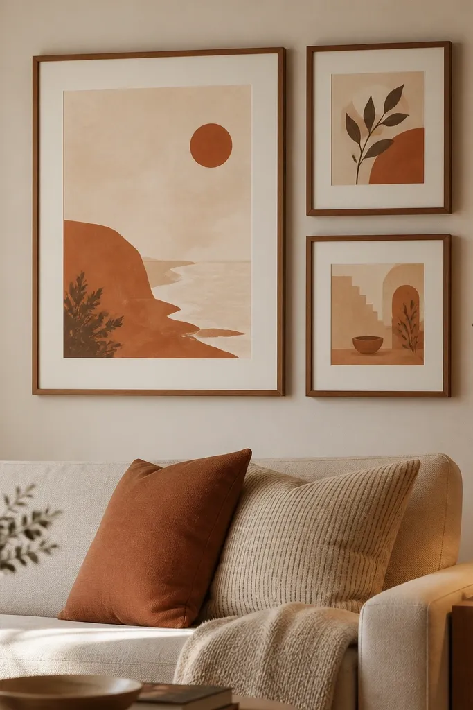 A living room wall with one large framed print in warm cream and terracotta tones. Below and to the side are two smaller frames aligned neatly. The frames are matte wood with light cream mats. A sofa sits beneath with two pillows that match the print colors, and a lamp glows nearby.