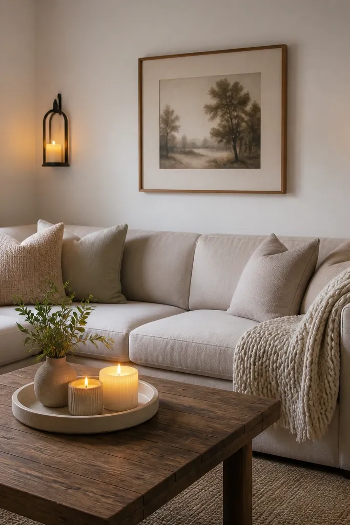 Two wall sconces near the corners of the sofa area. Each sconce holds a flameless LED candle with a warm flicker effect. The wall is painted soft warm white. A coffee table has a ceramic tray with two small candles. A knitted throw rests over the sofa arm.