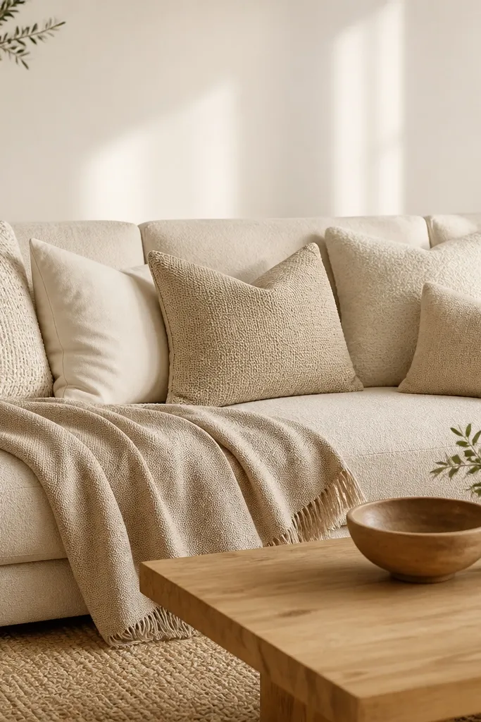 A cream sofa styled with a mix of pillow fabrics: chunky knit, smooth cotton, and a subtle boucle cover. Pillow colors stay within cream, oatmeal, and light sand. A single oversized throw lies across the seat. The wall is a warm off-white, and a light wood coffee table sits in front.