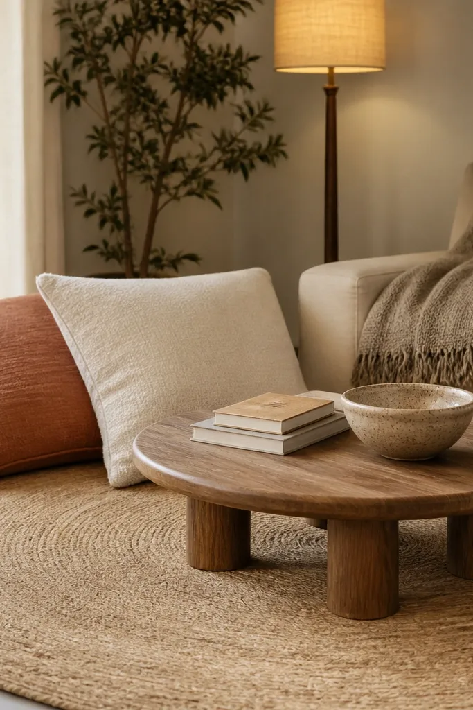 A cozy corner with a round rug in warm beige. Two large floor cushions in muted clay and cream sit against a sofa. A low wood coffee table sits in the center with a book stack and a ceramic bowl. A floor lamp with a warm shade stands behind the cushions, and a woven throw is folded on the sofa.