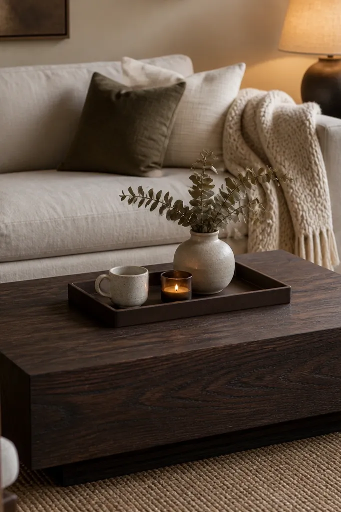 A dark wood coffee table with a matte leather tray centered on top. On the tray are a ceramic mug, a small candle, and a short vase with dried eucalyptus. A chunky cream knit throw is draped over the sofa arm. The rug is warm beige, and a warm lamp glows next to the sofa.