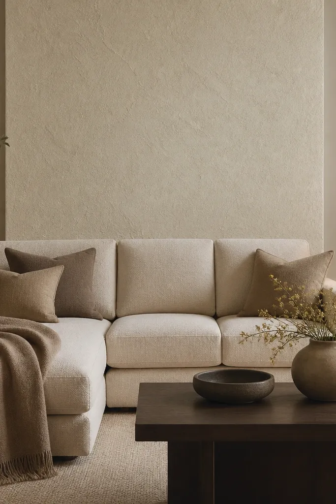 A living room wall behind the sofa has warm textured wallpaper in light cream with subtle raised pattern. The wallpaper is only on the back wall section, not the whole room. The sofa is in oatmeal fabric, with a taupe throw and pillows. A lamp glows on the side table, and a simple framed print hangs nearby.