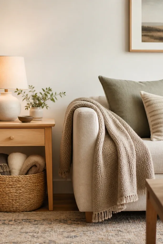 A small maple side table holds a warm lamp. Under the table or next to it sits a woven basket in natural beige. The sofa has a throw and two pillows, and there's a visible tidy pile of blankets inside the basket. A rug anchors the seating area, and the wall is painted warm white.