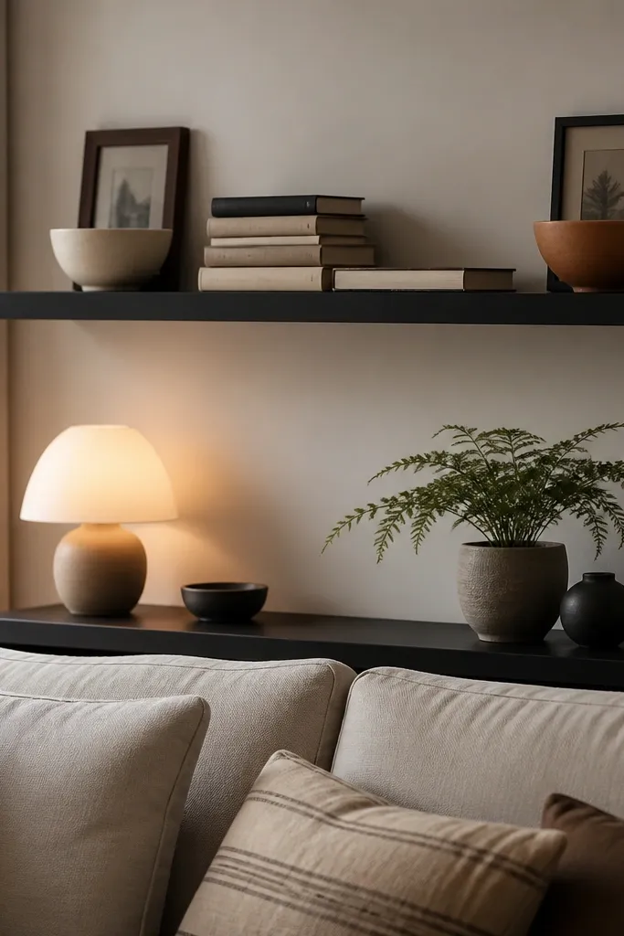 A matte black wall shelf above the sofa holds a neat stack of books with one book lying flat. Two ceramic bowls sit on either side, one cream and one warm terracotta. Small picture frames are tucked upright behind the bowls. A warm lamp glows below on a narrow console.