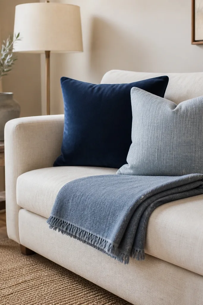 A sofa styled with a faded denim-wash throw folded on the seat. Two pillows sit in front: one deep navy velvet and one light chambray with a subtle texture. The rug is warm beige, and the lamp shade is a pale linen. A small wooden side table holds a ceramic vase.