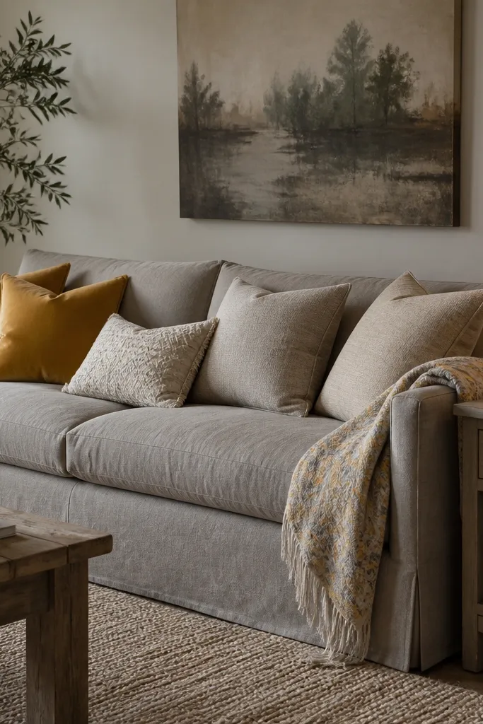 A sofa slipcovered in warm grey fabric. Two mustard-yellow pillows sit at one end, and the rest are soft greige and oatmeal. A patterned throw in light grey and mustard is draped over the opposite arm. A warm lamp glows on a taupe side table.