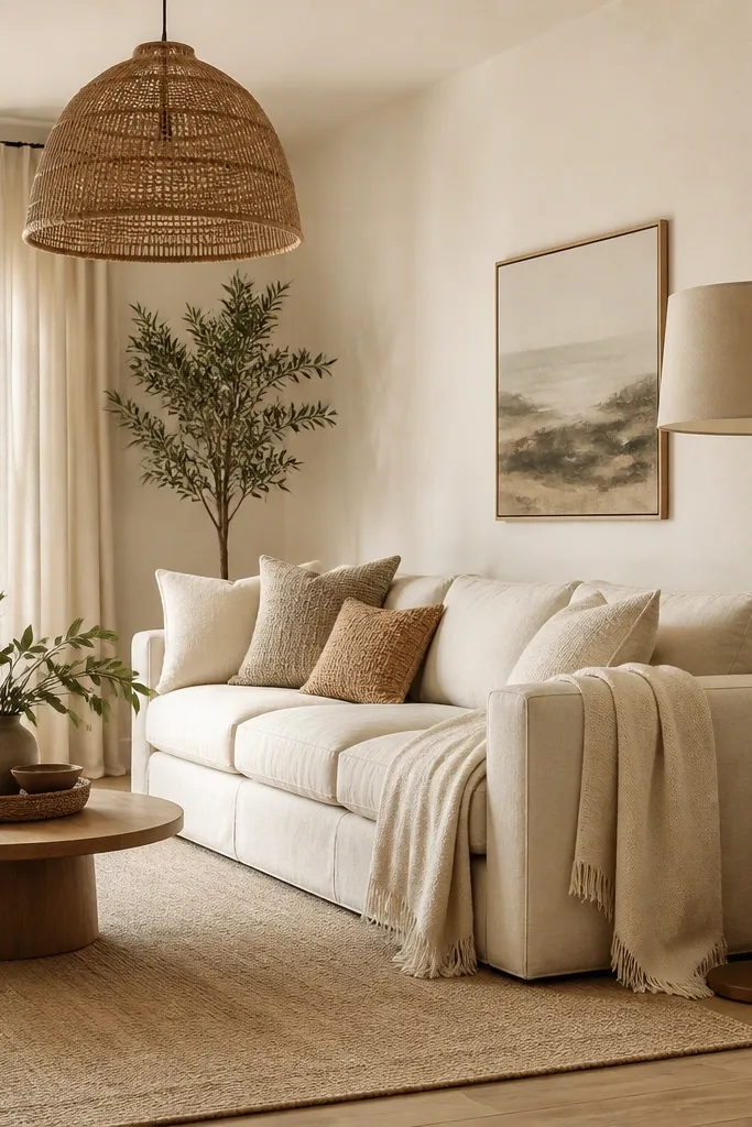 A rattan pendant light hangs above the seating area. A tall floor lamp with a linen shade stands next to the sofa. The sofa has a cream throw and textured pillows. The walls are warm off-white, and a woven basket sits on the floor near the lamp.