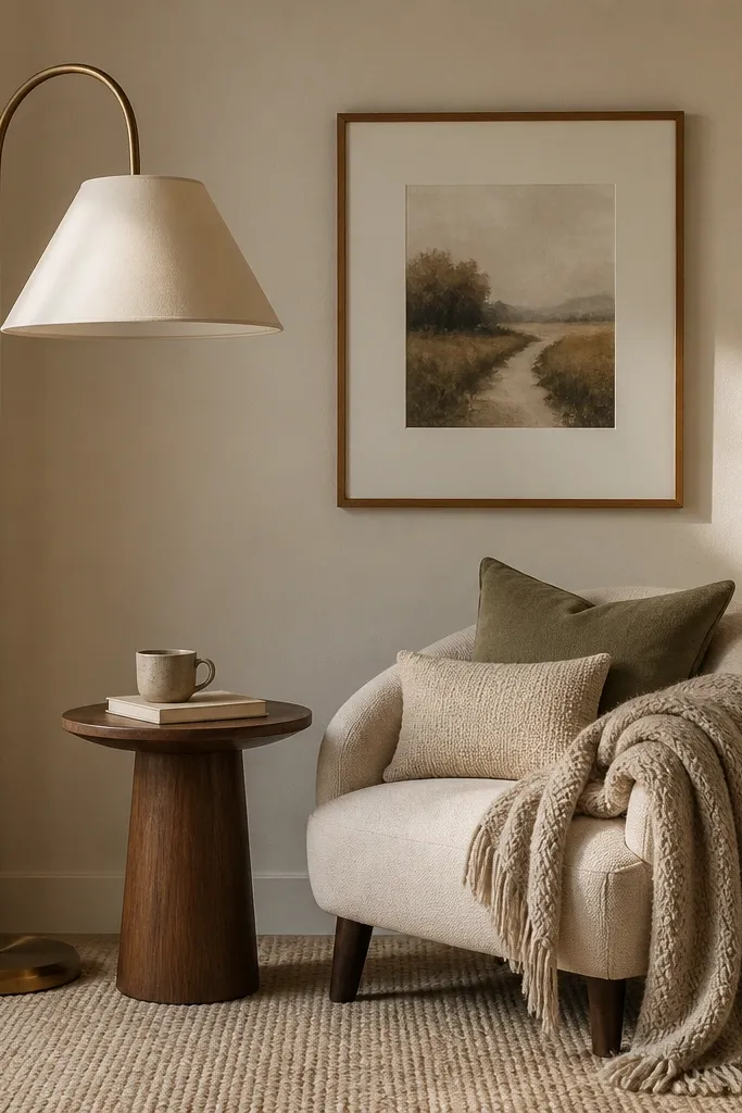 A corner reading nook with an oversized floor lamp on one side and a small upholstered chair on the other. The chair has an oversized throw draped over the arm and two pillows. A small round side table holds a mug and a book. The rug is textured beige, and the wall has a framed print at eye level.