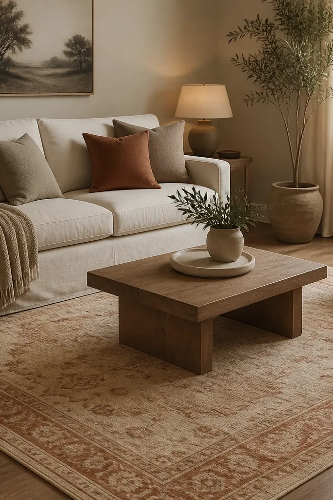 A warm patterned rug in beige and soft rust tones covers the center of the living room. The sofa has solid pillows only: cream, taupe, and one rust pillow. The throw is a solid oatmeal knit, and the coffee table is simple wood with a ceramic tray. A warm lamp glows near the rug edge.