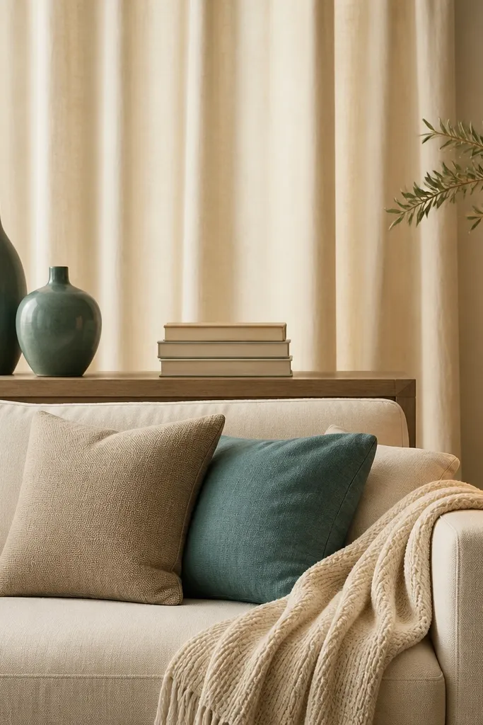 A cream linen curtain backdrop behind a sofa. On a console table are two teal ceramic vases of different heights and a small stack of books. The sofa has a cream throw and two pillows, one in oatmeal and one with a muted teal accent. Warm lamp light fills the room.