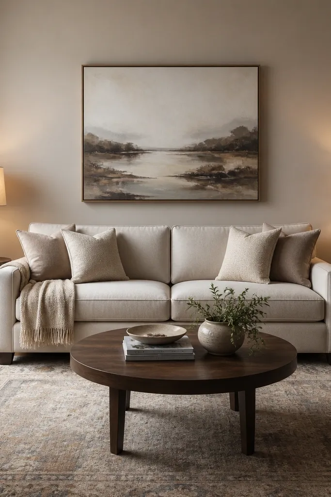 A living room with two identical warm table lamps on matching side tables. Both lamps have light beige fabric shades. The sofa sits centered between them, styled with a throw on one arm and pillows in oatmeal and taupe. A rug anchors the seating area and the wall art is centered above the sofa.