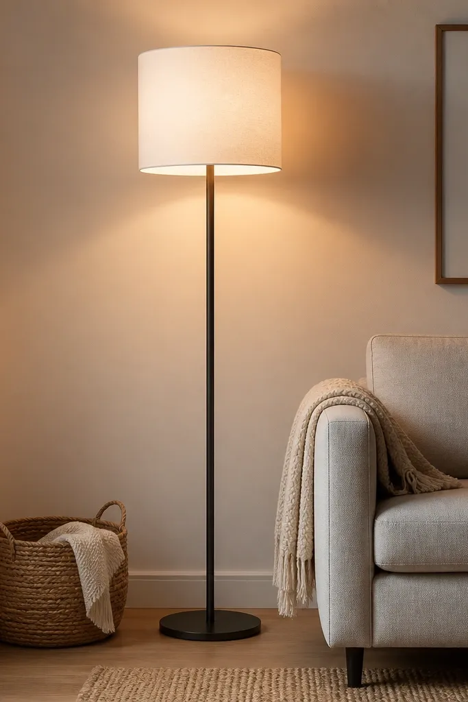 A modern floor lamp with a white linen drum shade stands beside a light grey sofa. The lamp is on, casting a warm amber glow across cream walls and a small textured throw on the armrest. A woven basket sits on the floor near the base.