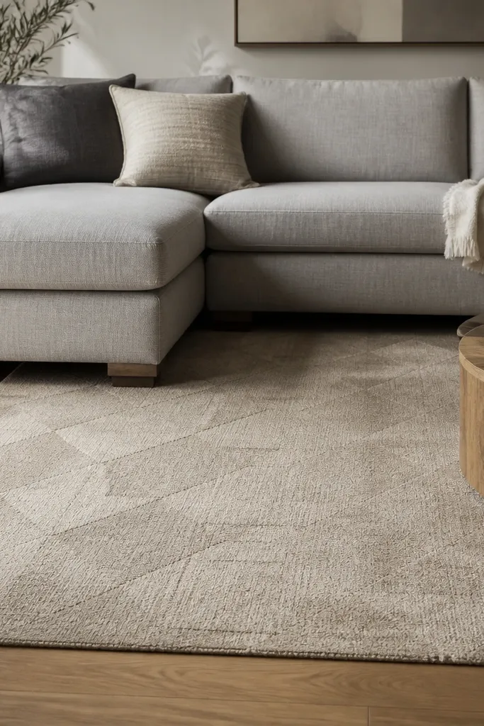 A 5x7 area rug in warm greige with a subtle geometric pattern lies under a light grey sectional. The rug edges extend past the front legs, and the bottom of two sofa cushions cast soft shadows on the carpet.