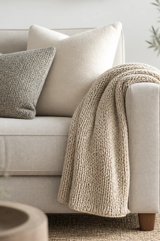 An oatmeal knit throw is draped over the right arm of a sofa. The throw has a chunky weave with visible loops and a neat fold that hangs down to the seat level. Two cushions sit behind it, one cream and one textured grey.