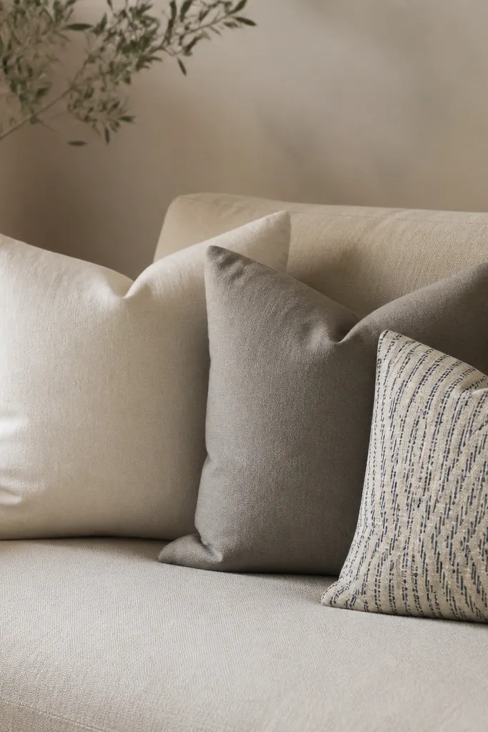 Three sofa cushions sit in a row: a solid cream cushion, a warm grey cushion, and one patterned cushion with a muted navy line pattern. Their sizes are slightly varied, and the fabric looks matte and soft.