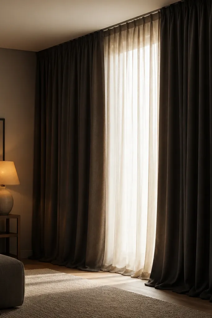 Floor-length charcoal curtains hang from a ceiling-mounted rod. Behind the charcoal fabric, light filters softly through a subtle inner layer. The curtains puddle slightly at the floor, and there's a warm lamp glow near the window.