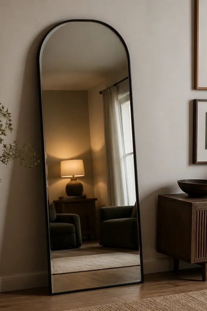 A tall arched mirror with a thin black frame leans against a wall near a sideboard. Warm light from a lamp reflects in the mirror, and framed line art hangs to the side.