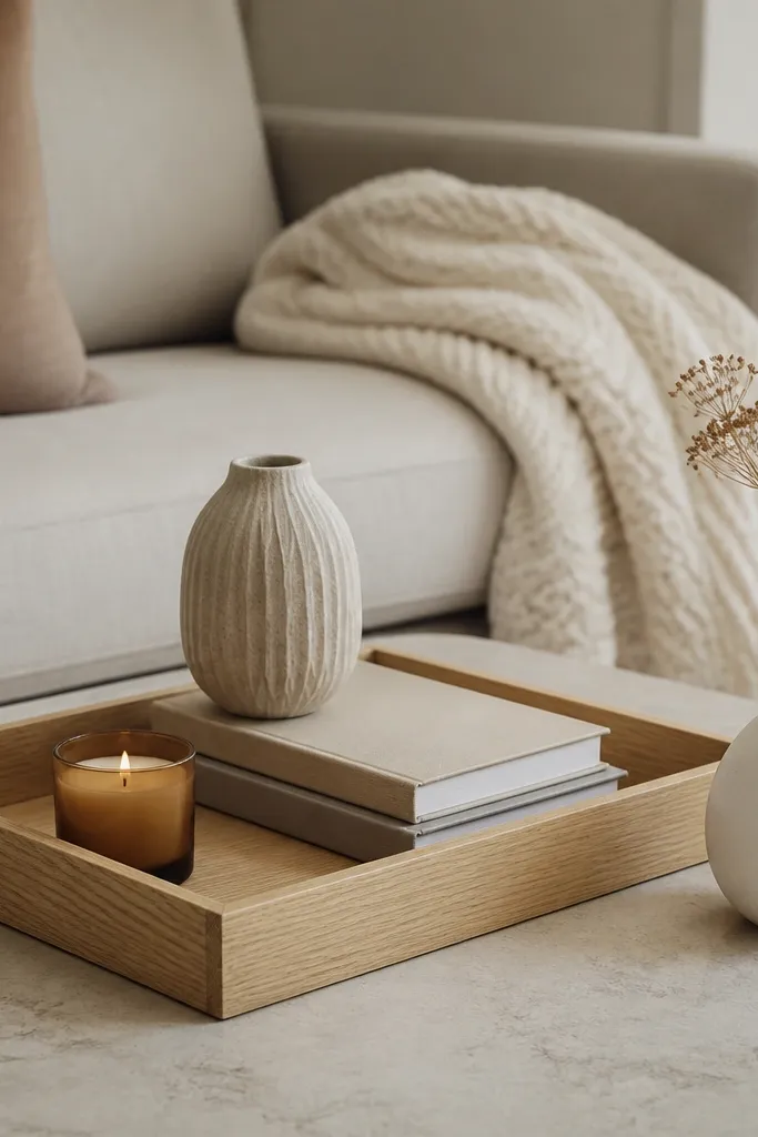A light oak tray sits on a coffee table. Inside the tray is a small candle, a textured ceramic vase, and a stack of two books. A single dried stem arrangement sits beside the tray.