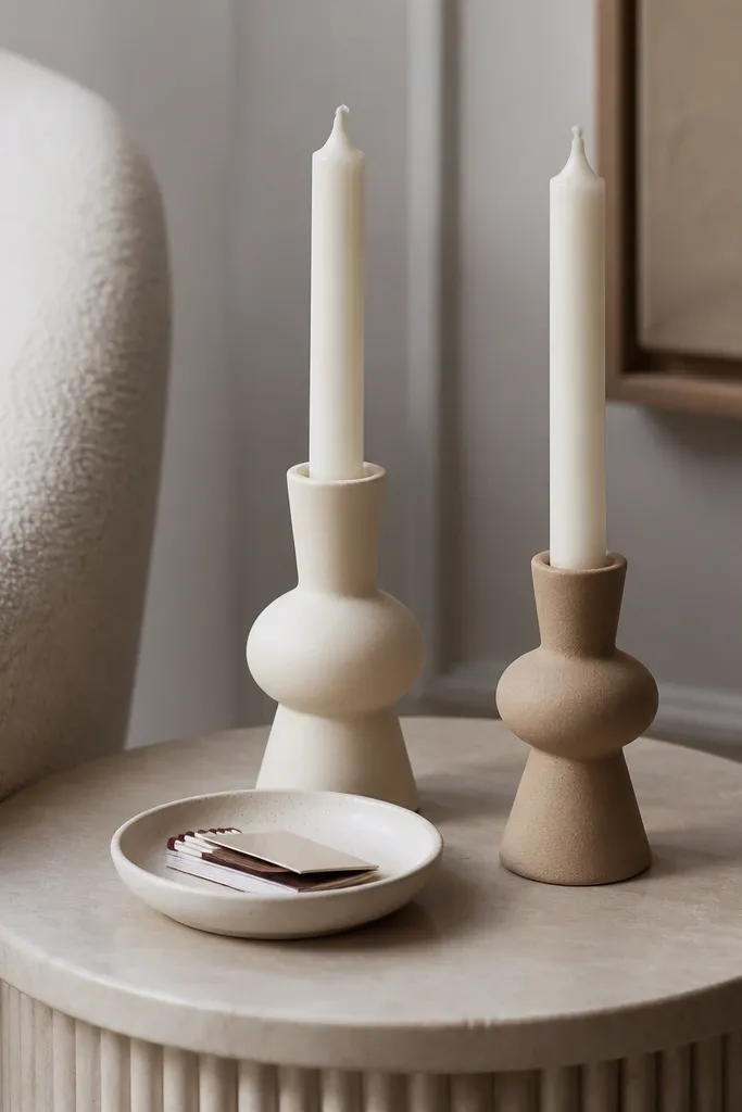 Two matte ceramic candle holders in cream and sand sit on a side table. The candles are unscented white with simple wicks. There's a small dish with a matchbook nearby.