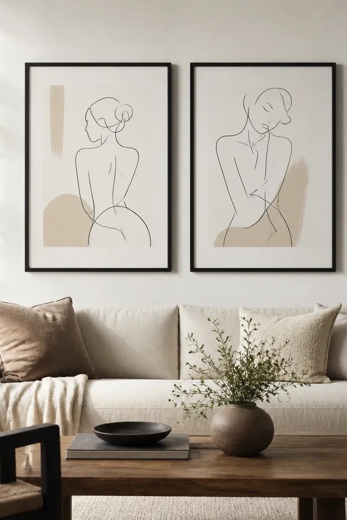 Two framed prints hang side-by-side above a sofa. Both frames are black with a slim profile, and the prints are monochrome line drawings with subtle beige accents.