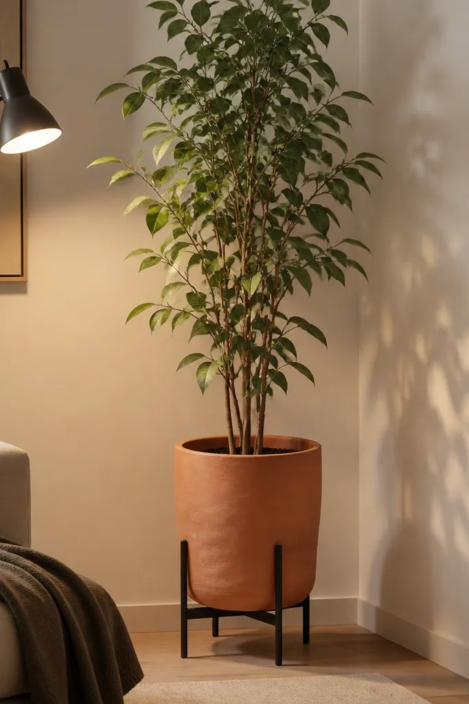 A tall corner plant sits on a simple black floor stand. The pot is textured terracotta in a matte finish. Soft light from a lamp hits the leaves and the plant casts gentle shadows.