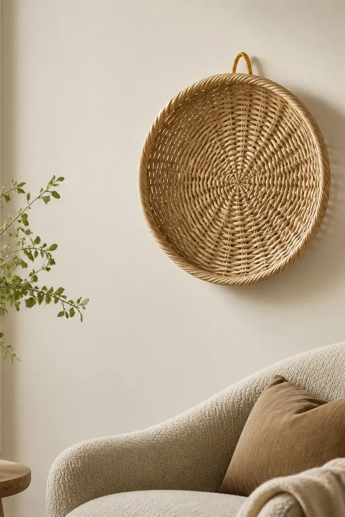 A single woven wall basket hangs on a cream wall near a reading chair. The basket is light natural rattan with a visible weave pattern and a small loop at the back.