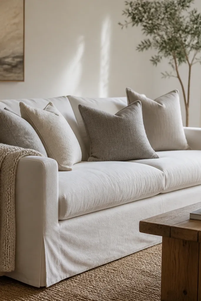 A sofa in warm white slipcover has clean lines and soft fabric drape. The cushions are layered in cream and warm grey, and a knit throw hangs over the arm.