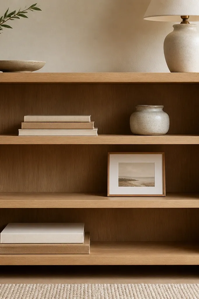 A low bookshelf has only a few items on each shelf: stacked books, one small ceramic jar, and a framed photo. The shelves show plenty of empty space, with neutral objects in cream and sand.