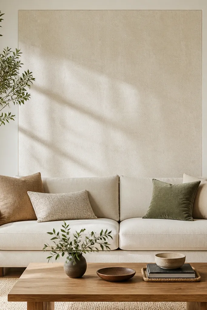 A peel-and-stick textured wallpaper panel is installed behind the sofa. The texture looks like soft linen or plaster in warm cream, and the panel edges are aligned cleanly.