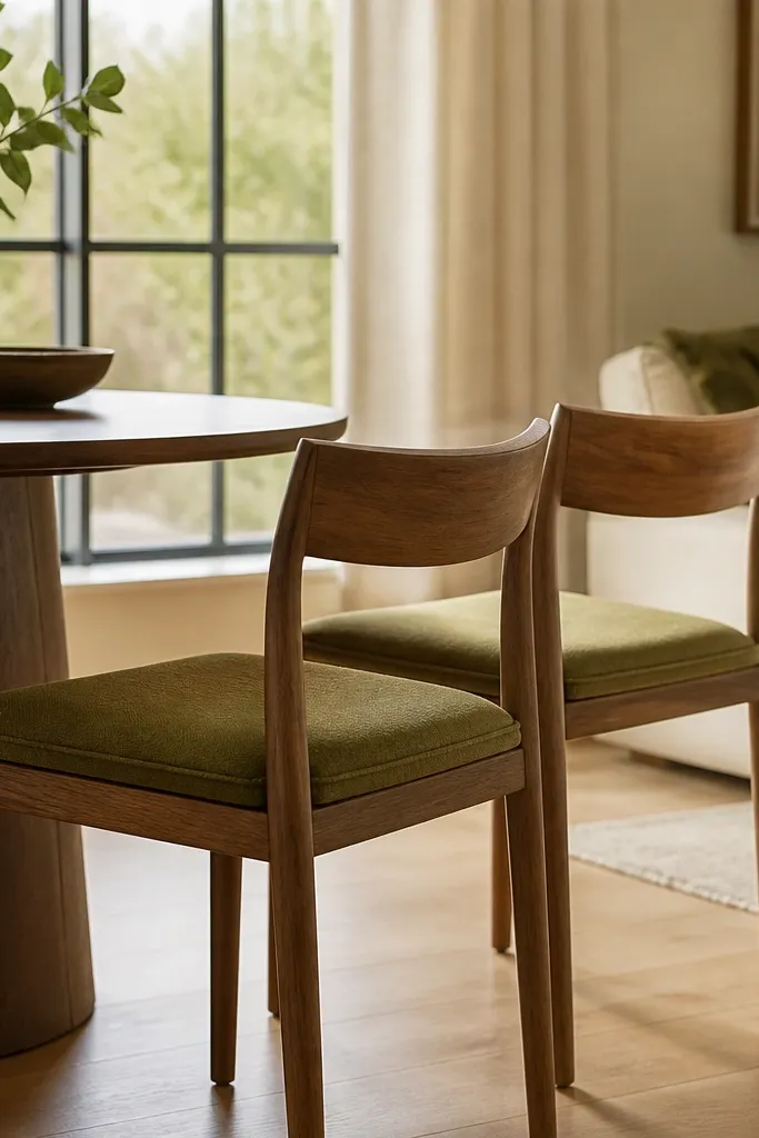 Dining chairs have seat cushions in muted olive fabric with subtle stitching. The chairs sit near a window with warm light, and the cushions match a throw on the sofa.