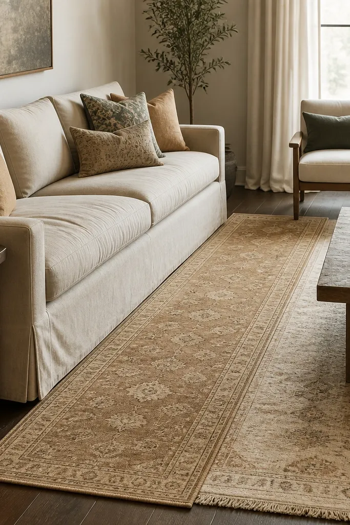 A narrow runner rug in warm tan with a subtle pattern runs in front of the sofa. The rug ends just before the coffee table area, and it coordinates with the main area rug colors.