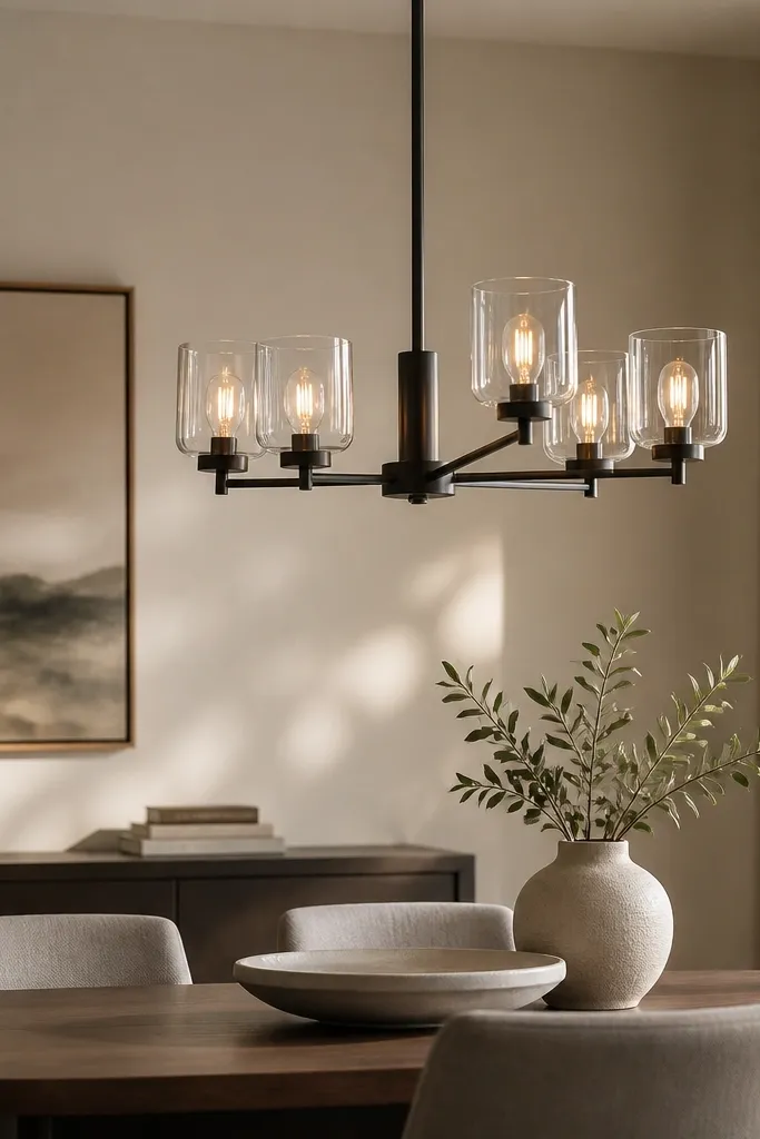 A simple modern chandelier with small glass shades hangs above a dining area. The bulbs glow warm and are visible through the shades, and the room has soft shadows on the wall.