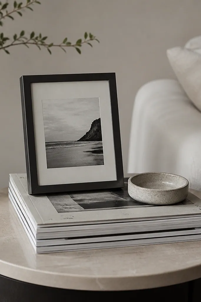 A small round side table holds a stack of magazines with muted covers. On top sits one framed black-and-white photo, and beside it is a small stoneware dish.