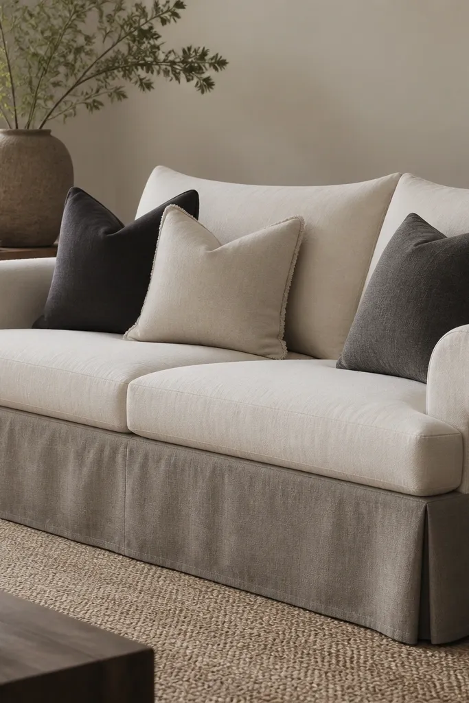 A warm grey sofa skirt hangs straight along the bottom edge of the sofa. The skirt fabric looks matte and soft, and the cushions above are cream and charcoal. Shoes and legs are mostly hidden.