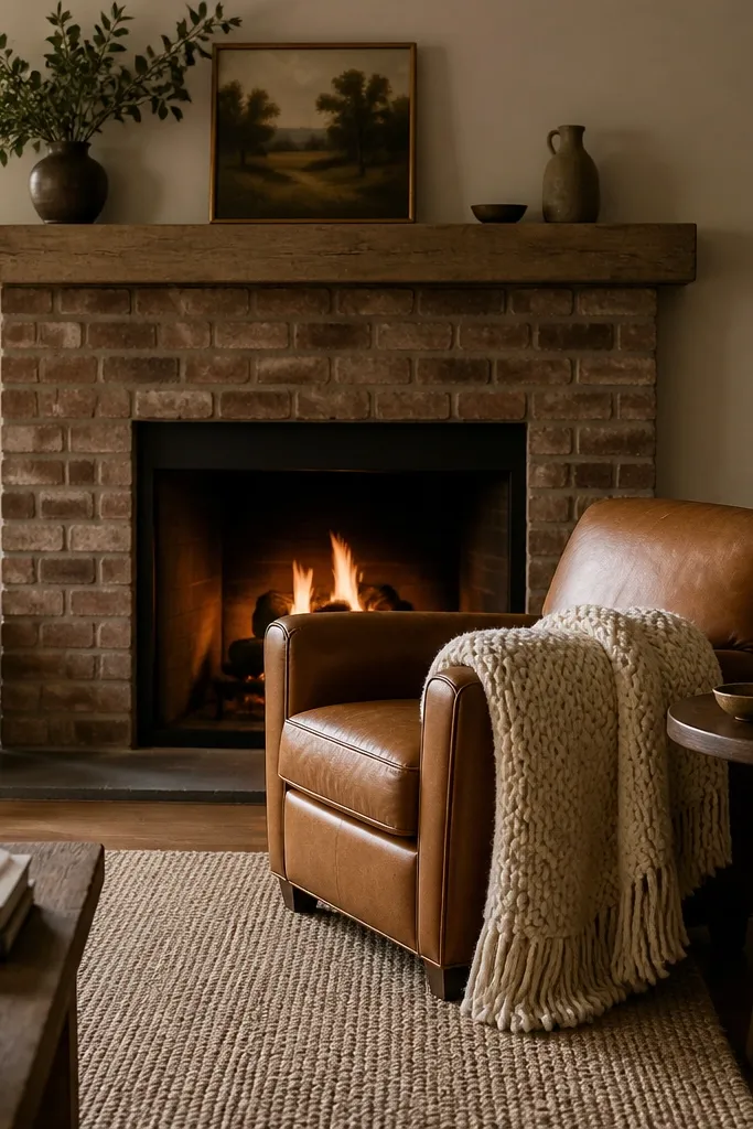 A brick fireplace with a simple wooden mantel. A cognac leather armchair sits angled toward the fire, with a chunky cream wool throw draped over the arm. A small round side table holds a warm amber lamp; a neutral rug anchors the seating.