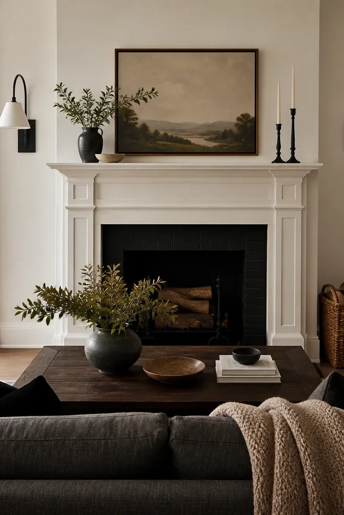 A white painted mantel over a firebox. Two matching black metal wall sconces flank the opening. A charcoal gray sofa sits opposite with a taupe throw and black-and-cream pillows; a dark wood coffee table is centered.