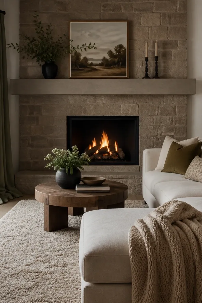 A stone fireplace with a warm gray surround. Floor-length sage green curtains puddle slightly near the floor. An oatmeal shag or high-pile rug sits under the front legs of a cream sectional; a knitted throw is on the chaise.
